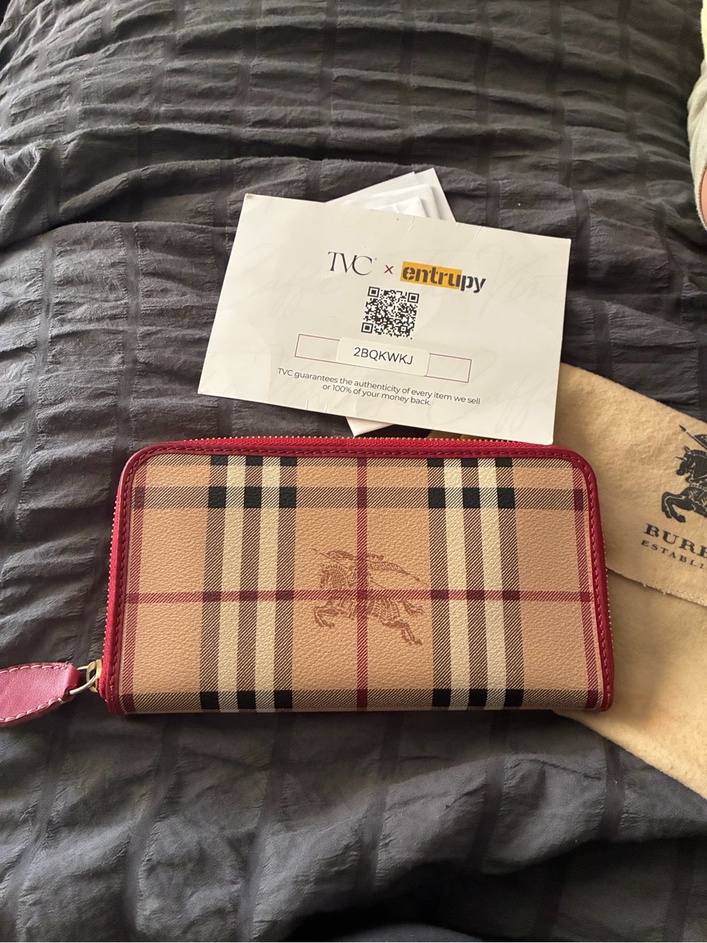 Burberry Beige Check Zip Wallet with Red Trim